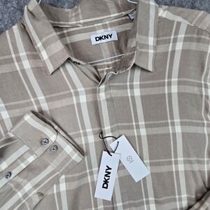 DKNY Mens XL Chestnut Brown Plaid Long Sleeve Stretch Button Down Shirt‎ NWT
